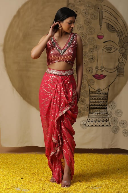 Shop_Arpita Sulakshana_Red Georgette, Crepe Sequins, Crystals Hand Embroidered Blouse Dhoti Pant Set _at_Aza_Fashions