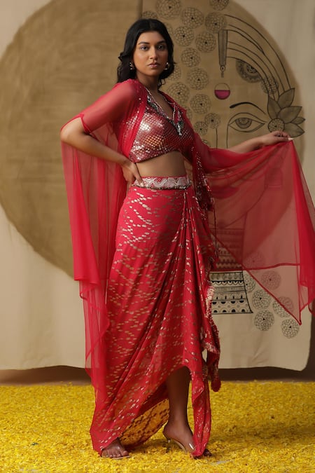 Buy_Arpita Sulakshana_Red Georgette, Crepe Sequins, Crystals Hand Embroidered Blouse Dhoti Pant Set _Online_at_Aza_Fashions