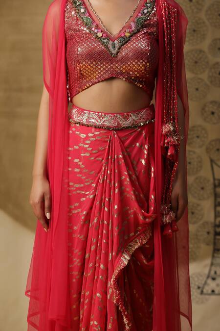 Shop_Arpita Sulakshana_Red Georgette, Crepe Sequins, Crystals Hand Embroidered Blouse Dhoti Pant Set _Online_at_Aza_Fashions