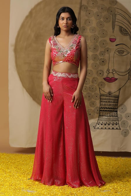 Arpita Sulakshana_Red Georgette, Crepe Sequins, Beads V-neck Textured Palazzo Set With Cape _Online_at_Aza_Fashions