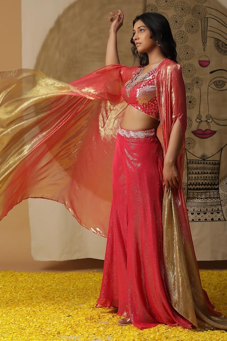 Shop_Arpita Sulakshana_Red Georgette, Crepe Sequins, Beads V-neck Textured Palazzo Set With Cape _Online_at_Aza_Fashions