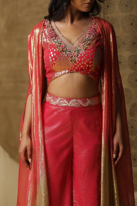 Arpita Sulakshana_Red Georgette, Crepe Sequins, Beads V-neck Textured Palazzo Set With Cape _at_Aza_Fashions