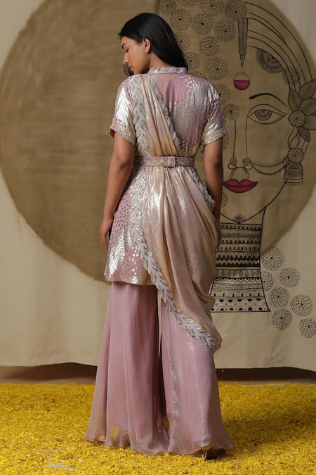 Shop_Arpita Sulakshana_Pink Georgette, Crepe Beads, Embroidery V-neck Textured Short Kurta Sharara Set _at_Aza_Fashions