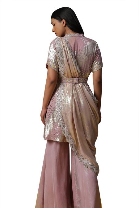 Arpita Sulakshana Pink Georgette, Crepe Beads, Embroidery V-neck Textured Short Kurta Sharara Set Online at Aza Fashions Arpita Sulakshana_Pink Georgette, Crepe Beads, Embroidery V-neck Textured Short Kurta Sharara Set _Online_at_Aza_Fashions