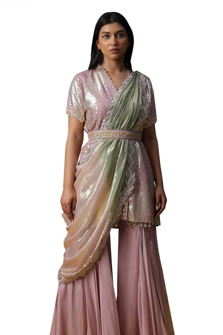 Buy Arpita Sulakshana Pink Georgette, Crepe Beads, Embroidery V-neck Textured Short Kurta Sharara Set Buy_Arpita Sulakshana_Pink Georgette, Crepe Beads, Embroidery V-neck Textured Short Kurta Sharara Set