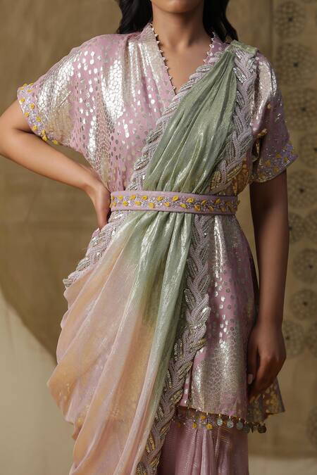 Shop_Arpita Sulakshana_Pink Georgette, Crepe Beads, Embroidery V-neck Textured Short Kurta Sharara Set 