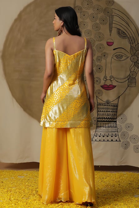 Shop_Arpita Sulakshana_Yellow Chanderi Silk, Crepe Diamonds, Sequins Embroidered Kurta Palazzo Set _at_Aza_Fashions
