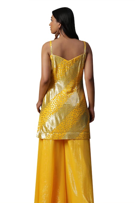 Arpita Sulakshana Yellow Chanderi Silk, Crepe Diamonds, Sequins Embroidered Kurta Palazzo Set Online at Aza Fashions Arpita Sulakshana_Yellow Chanderi Silk, Crepe Diamonds, Sequins Embroidered Kurta Palazzo Set _Online_at_Aza_Fashions