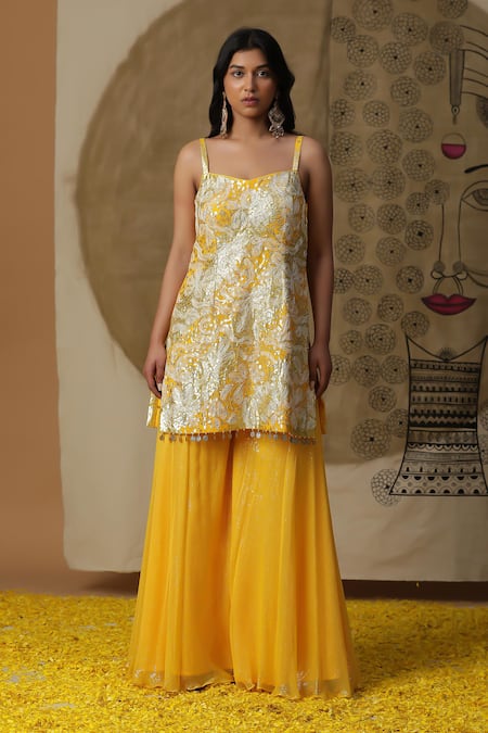 Buy_Arpita Sulakshana_Yellow Chanderi Silk, Crepe Diamonds, Sequins Embroidered Kurta Palazzo Set _Online_at_Aza_Fashions