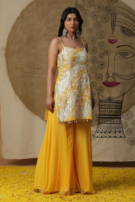 Shop_Arpita Sulakshana_Yellow Chanderi Silk, Crepe Diamonds, Sequins Embroidered Kurta Palazzo Set _Online_at_Aza_Fashions