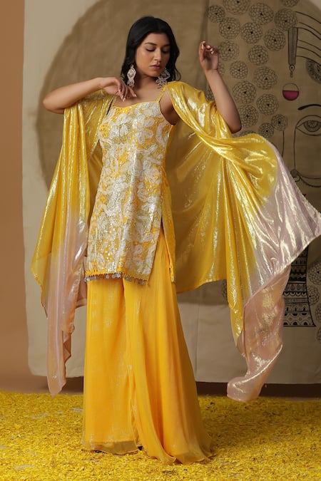 Arpita Sulakshana_Yellow Chanderi Silk, Crepe Diamonds, Sequins Embroidered Kurta Palazzo Set _at_Aza_Fashions