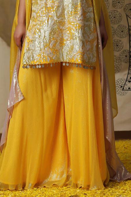 Buy Arpita Sulakshana Yellow Chanderi Silk, Crepe Diamonds, Sequins Embroidered Kurta Palazzo Set Buy_Arpita Sulakshana_Yellow Chanderi Silk, Crepe Diamonds, Sequins Embroidered Kurta Palazzo Set