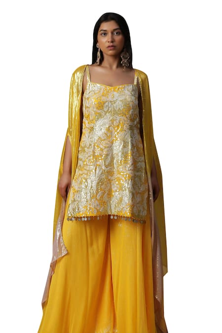 Shop Arpita Sulakshana Yellow Chanderi Silk, Crepe Diamonds, Sequins Embroidered Kurta Palazzo Set Shop_Arpita Sulakshana_Yellow Chanderi Silk, Crepe Diamonds, Sequins Embroidered Kurta Palazzo Set