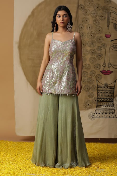 Arpita Sulakshana_Green Georgette, Crepe Diamonds, Sequins Dori Embroidered Kurta Palazzo Set _Online_at_Aza_Fashions