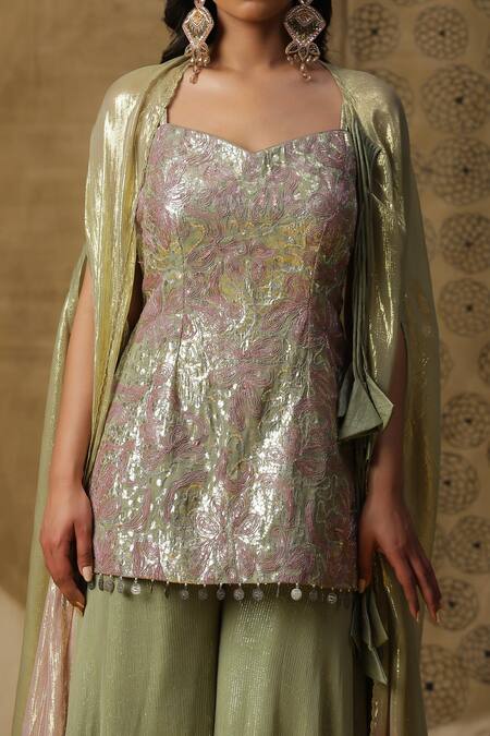 Arpita Sulakshana_Green Georgette, Crepe Diamonds, Sequins Dori Embroidered Kurta Palazzo Set _at_Aza_Fashions