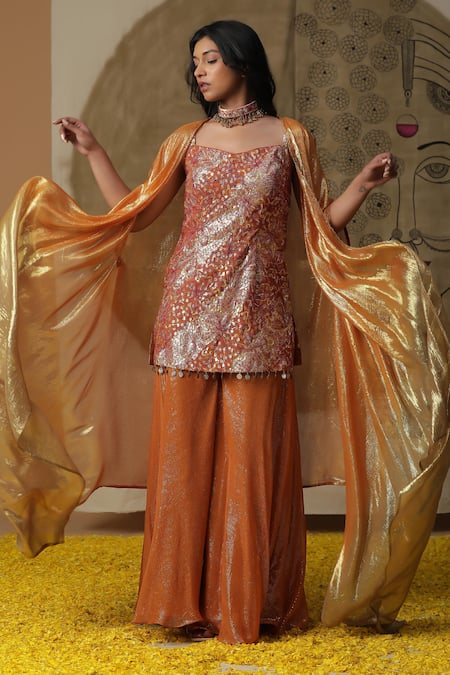 arpita sulakshana Orange Georgette Embroidered Coins Kurta Sweetheart Palazzo Set 