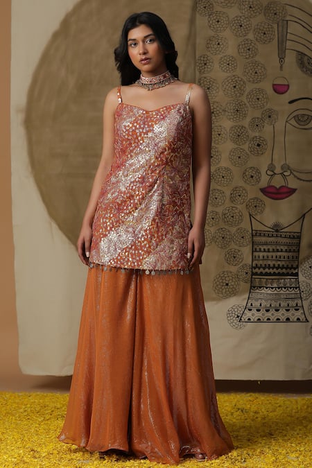Arpita Sulakshana_Orange Georgette, Crepe Diamonds, Sequins Coin Embroidered Kurta Palazzo Set _Online_at_Aza_Fashions