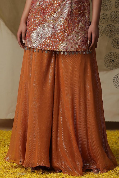 Buy_Arpita Sulakshana_Orange Georgette, Crepe Diamonds, Sequins Coin Embroidered Kurta Palazzo Set _Online_at_Aza_Fashions