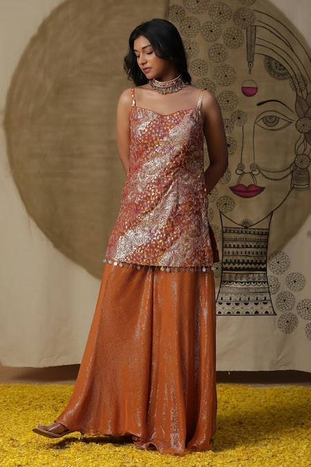 Shop_Arpita Sulakshana_Orange Georgette, Crepe Diamonds, Sequins Coin Embroidered Kurta Palazzo Set _Online_at_Aza_Fashions