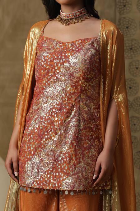 Arpita Sulakshana_Orange Georgette, Crepe Diamonds, Sequins Coin Embroidered Kurta Palazzo Set _at_Aza_Fashions