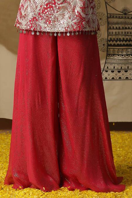Arpita Sulakshana Red Georgette, Crepe Diamonds, Sequins Dori Coin Embroidered Kurta Palazzo Set Online at Aza Fashions Arpita Sulakshana_Red Georgette, Crepe Diamonds, Sequins Dori Coin Embroidered Kurta Palazzo Set _Online_at_Aza_Fashions