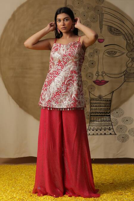 Shop_Arpita Sulakshana_Red Georgette, Crepe Diamonds, Sequins Dori Coin Embroidered Kurta Palazzo Set _Online_at_Aza_Fashions