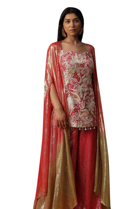 Arpita Sulakshana Red Georgette, Crepe Diamonds, Sequins Dori Coin Embroidered Kurta Palazzo Set at Aza Fashions Arpita Sulakshana_Red Georgette, Crepe Diamonds, Sequins Dori Coin Embroidered Kurta Palazzo Set _at_Aza_Fashions