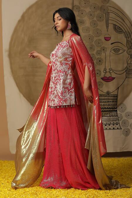 Buy_Arpita Sulakshana_Red Georgette, Crepe Diamonds, Sequins Dori Coin Embroidered Kurta Palazzo Set 