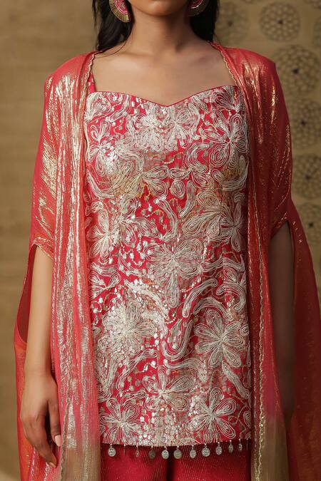 Shop_Arpita Sulakshana_Red Georgette, Crepe Diamonds, Sequins Dori Coin Embroidered Kurta Palazzo Set 
