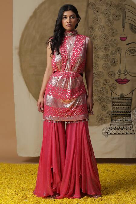 Arpita Sulakshana_Red Georgette, Crepe Sequins, Crystals, Hand Embroidered Short Kurta Palazzo Set _Online_at_Aza_Fashions