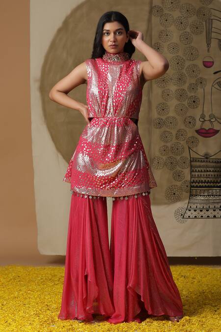 Buy_Arpita Sulakshana_Red Georgette, Crepe Sequins, Crystals, Hand Embroidered Short Kurta Palazzo Set _Online_at_Aza_Fashions