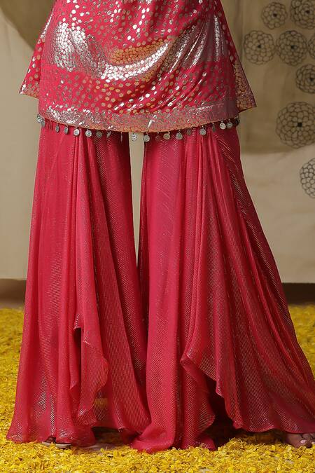 Shop Arpita Sulakshana Red Georgette, Crepe Sequins, Crystals, Hand Embroidered Short Kurta Palazzo Set Online at Aza Fashions Shop_Arpita Sulakshana_Red Georgette, Crepe Sequins, Crystals, Hand Embroidered Short Kurta Palazzo Set _Online_at_Aza_Fashions