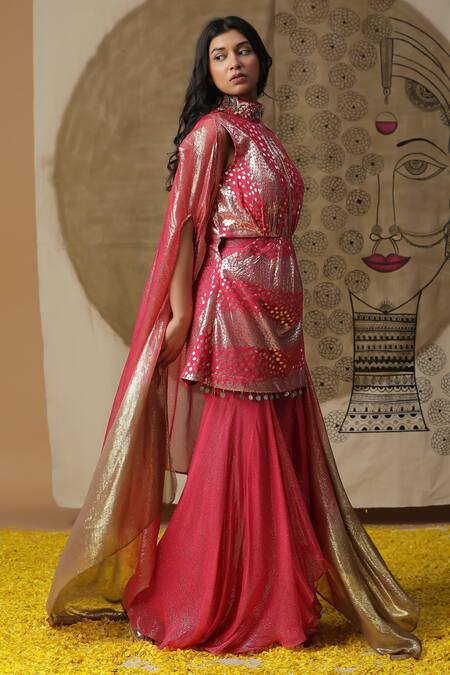 Arpita Sulakshana_Red Georgette, Crepe Sequins, Crystals, Hand Embroidered Short Kurta Palazzo Set _at_Aza_Fashions