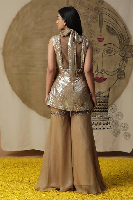 Shop_Arpita Sulakshana_Brown Georgette, Crepe Placement Hand Embroidered Short Kurta Palazzo Set _at_Aza_Fashions