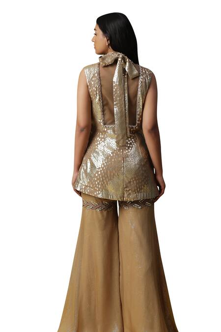 Arpita Sulakshana_Brown Georgette, Crepe Placement Hand Embroidered Short Kurta Palazzo Set _Online_at_Aza_Fashions