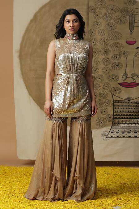 Buy_Arpita Sulakshana_Brown Georgette, Crepe Placement Hand Embroidered Short Kurta Palazzo Set _Online_at_Aza_Fashions