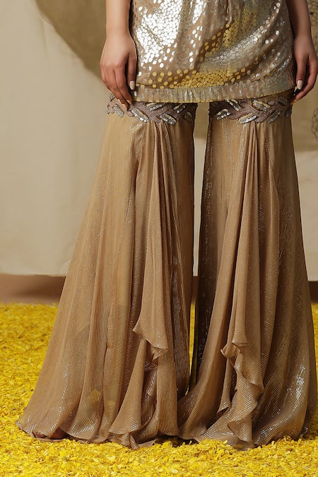 Shop_Arpita Sulakshana_Brown Georgette, Crepe Placement Hand Embroidered Short Kurta Palazzo Set _Online_at_Aza_Fashions