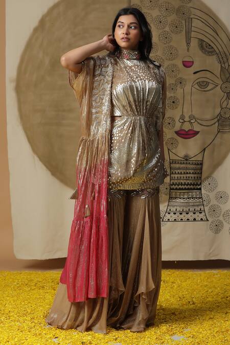 Arpita Sulakshana_Brown Georgette, Crepe Placement Hand Embroidered Short Kurta Palazzo Set _at_Aza_Fashions