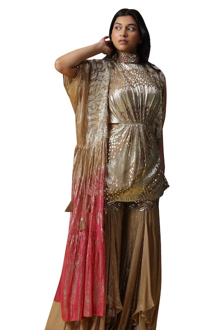 Buy_Arpita Sulakshana_Brown Georgette, Crepe Placement Hand Embroidered Short Kurta Palazzo Set 