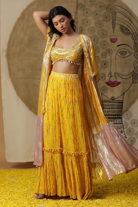 arpita sulakshana Yellow Georgette Embroidered Dori One Shoulder Sequins Blouse Palazzo Set 