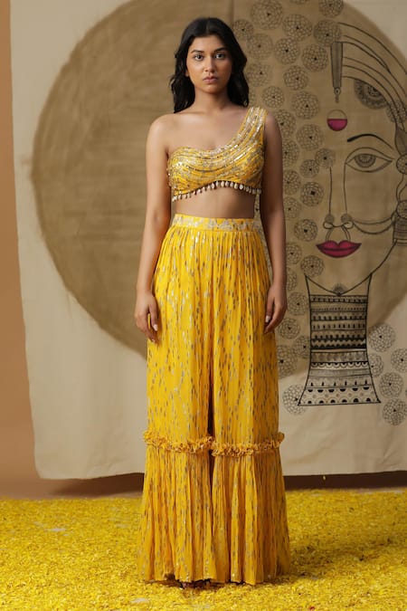 Arpita Sulakshana_Yellow Georgette, Crepe Sequins, Beads One Embroidered Blouse Palazzo Set _Online_at_Aza_Fashions
