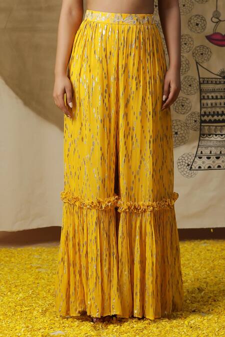 Buy Arpita Sulakshana Yellow Georgette, Crepe Sequins, Beads One Embroidered Blouse Palazzo Set Online at Aza Fashions Buy_Arpita Sulakshana_Yellow Georgette, Crepe Sequins, Beads One Embroidered Blouse Palazzo Set _Online_at_Aza_Fashions