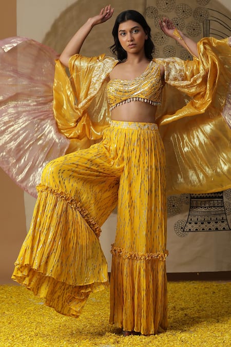 Shop_Arpita Sulakshana_Yellow Georgette, Crepe Sequins, Beads One Embroidered Blouse Palazzo Set _Online_at_Aza_Fashions