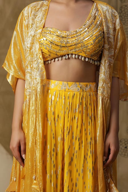 Arpita Sulakshana_Yellow Georgette, Crepe Sequins, Beads One Embroidered Blouse Palazzo Set _at_Aza_Fashions