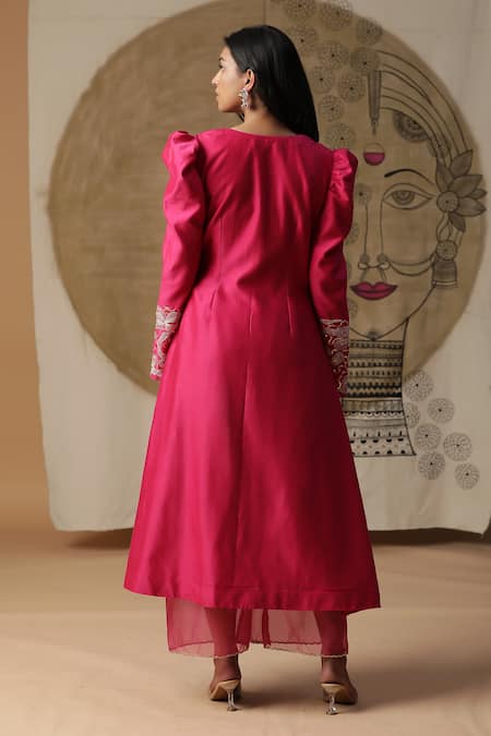 Shop_Arpita Sulakshana_Red Silk, Crepe, Sequins Round Embroidered Angarkha Pant Set _at_Aza_Fashions