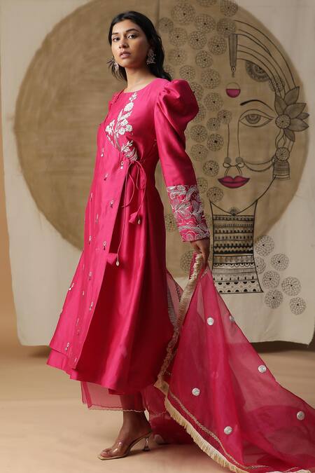 Shop_Arpita Sulakshana_Red Silk, Crepe, Sequins Round Embroidered Angarkha Pant Set _Online_at_Aza_Fashions