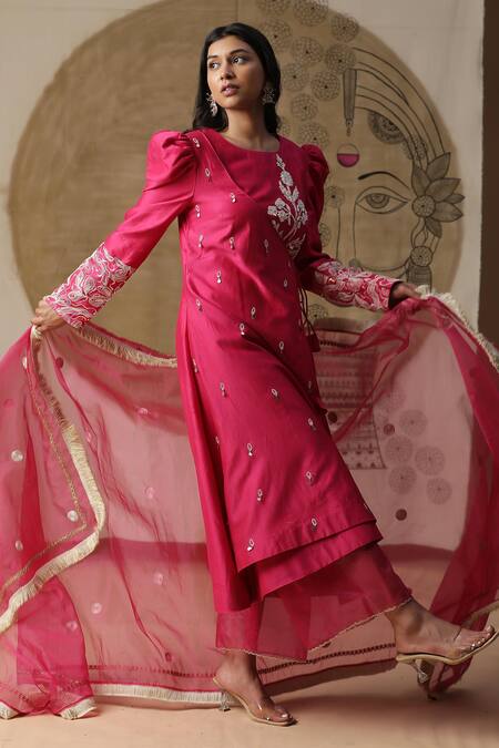 Arpita Sulakshana_Red Silk, Crepe, Sequins Round Embroidered Angarkha Pant Set _at_Aza_Fashions