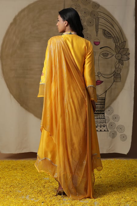 Shop_Arpita Sulakshana_Yellow Cotton, Crepe Embroidery, Sequins Bandeau Neck Hand Painted Draped Dress _at_Aza_Fashions