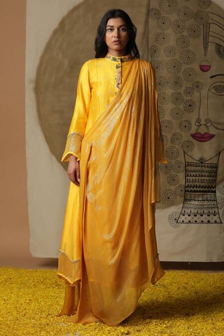 Arpita Sulakshana_Yellow Cotton, Crepe Embroidery, Sequins Bandeau Neck Hand Painted Draped Dress _Online_at_Aza_Fashions