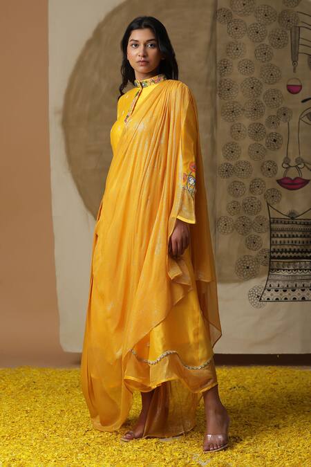 Shop_Arpita Sulakshana_Yellow Cotton, Crepe Embroidery, Sequins Bandeau Neck Hand Painted Draped Dress _Online_at_Aza_Fashions